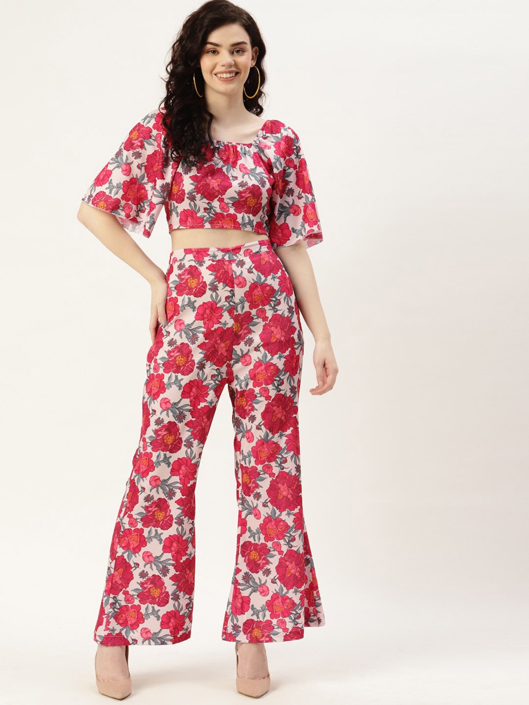 

Sleek Italia Floral Printed Crop Top With Trouser Co-Ord Set, Beige