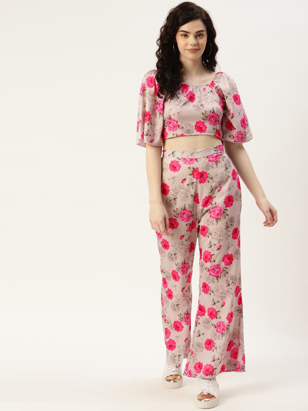 

Sleek Italia Floral Printed Crop Top With Trouser Co-Ord Set, Beige