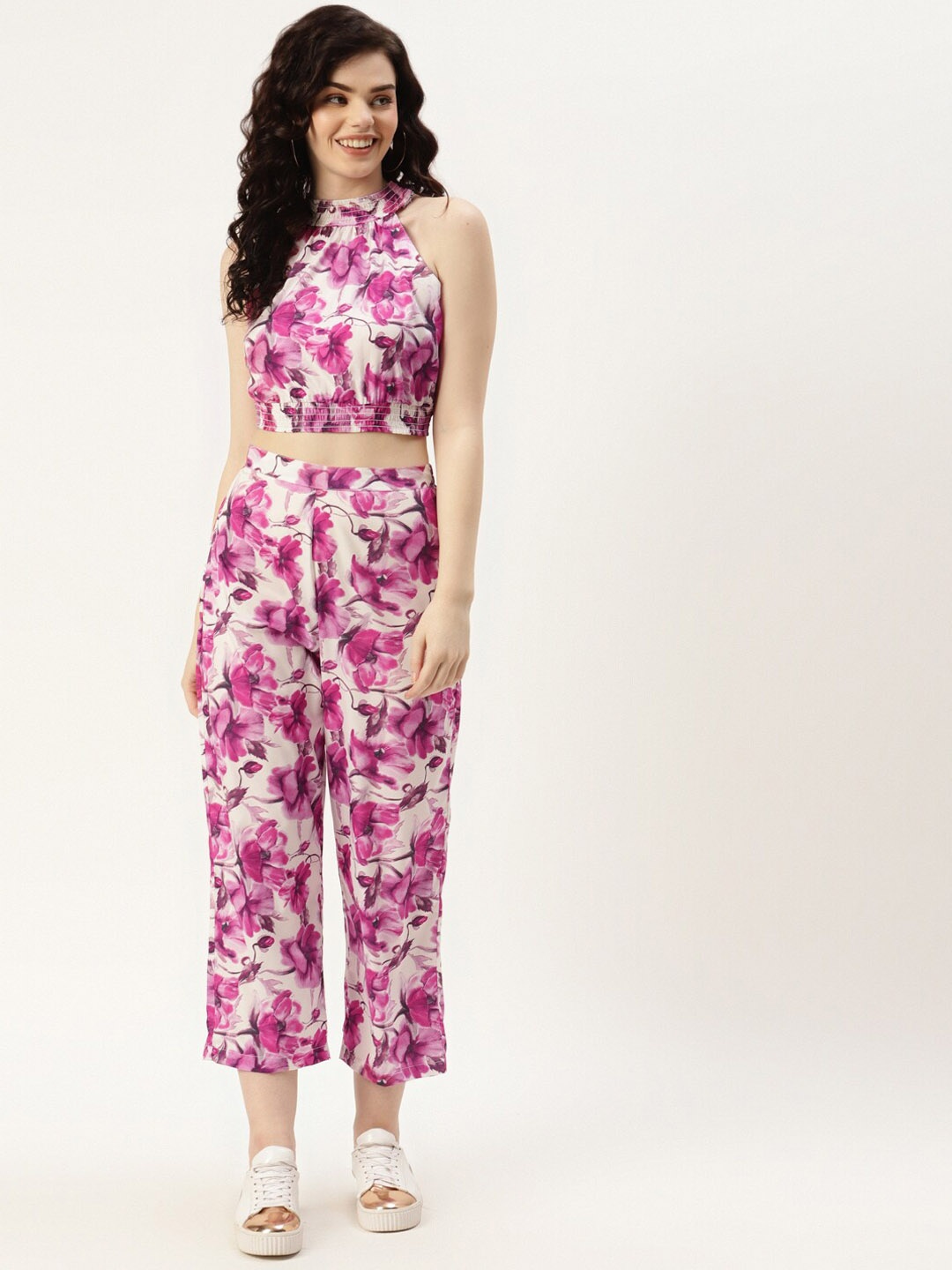 

Sleek Italia Floral Printed Crop Top With Trouser Co-Ord Set, White