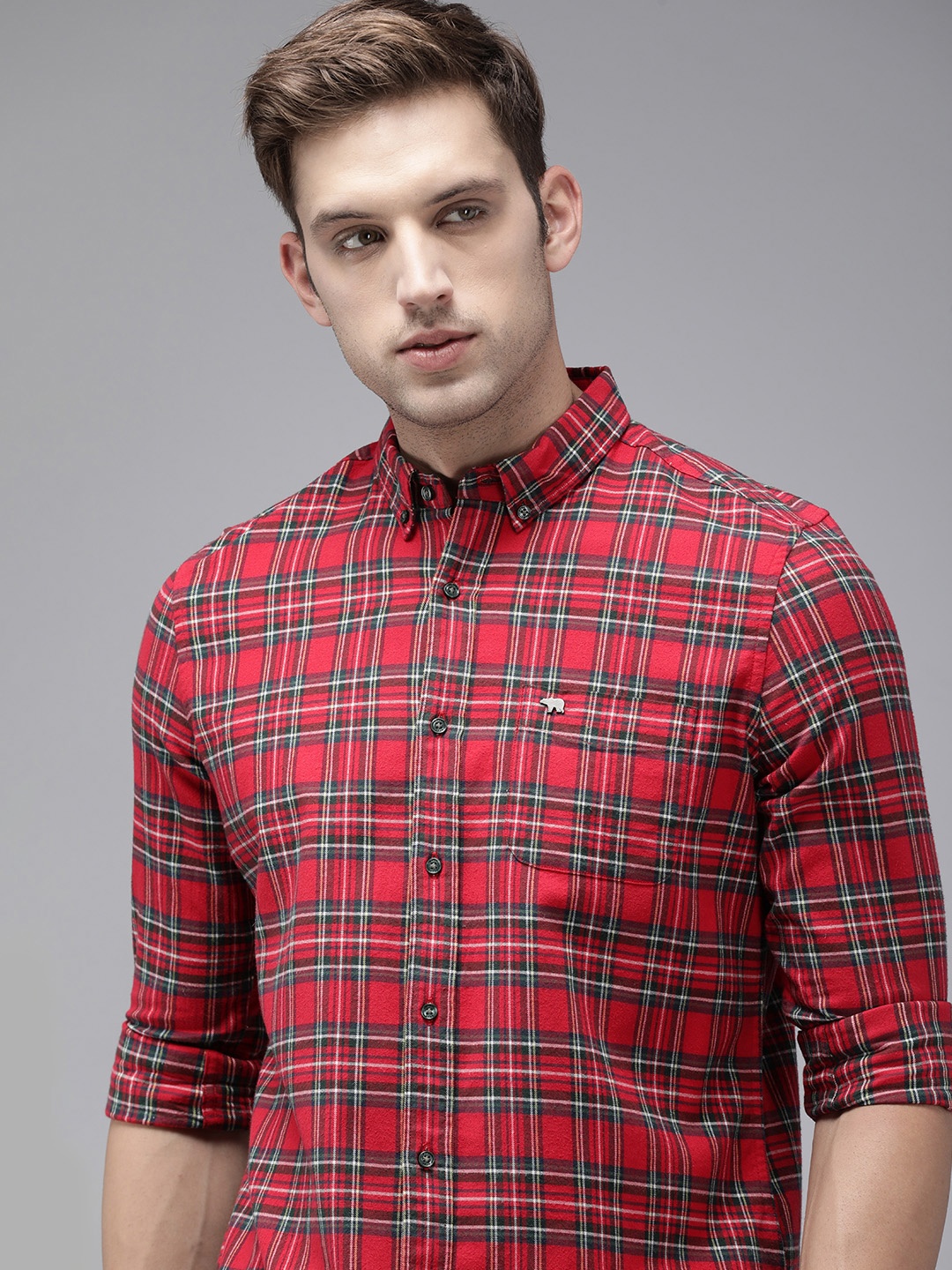 

THE BEAR HOUSE Men Slim Fit Tartan Checks Pure Cotton Casual Shirt, Red