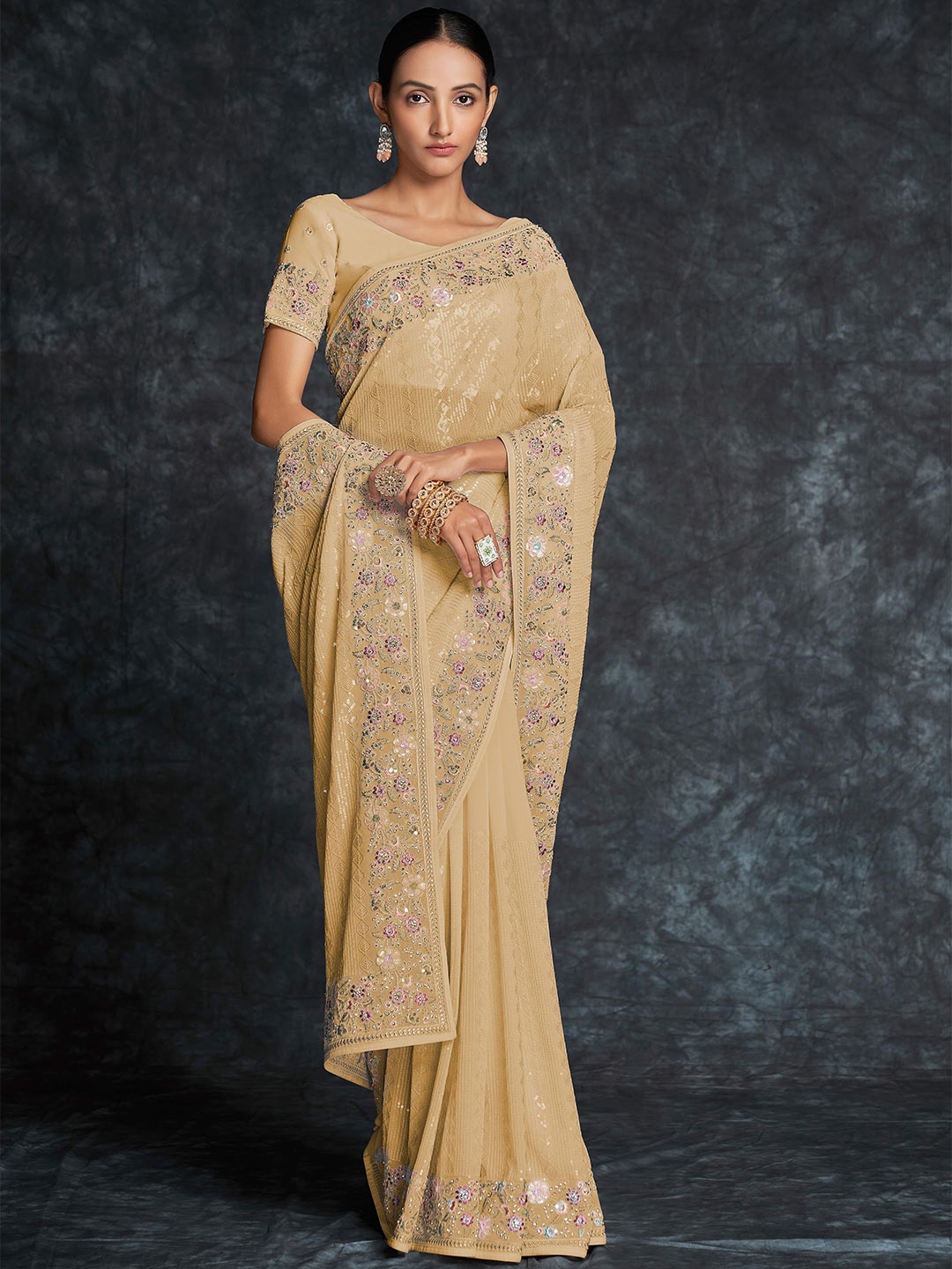 

Fusionic Floral Embroidered Embellished Organza Saree, Mustard