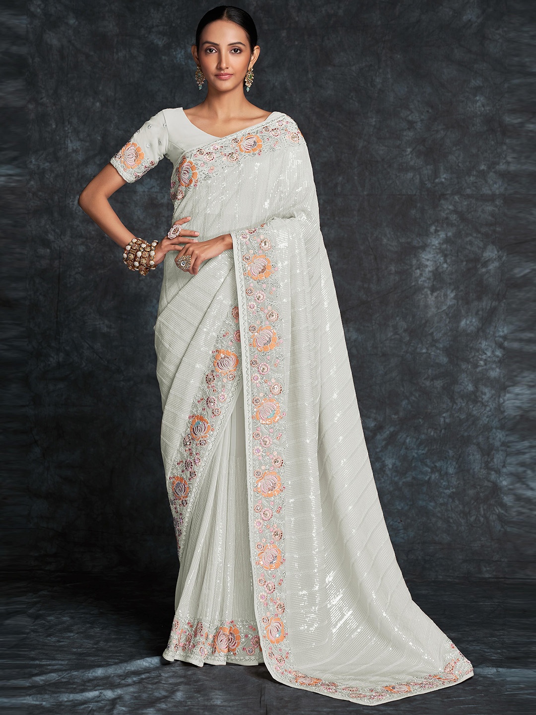 

Fusionic Floral Embroidered Embellished Pure Georgette Saree, White