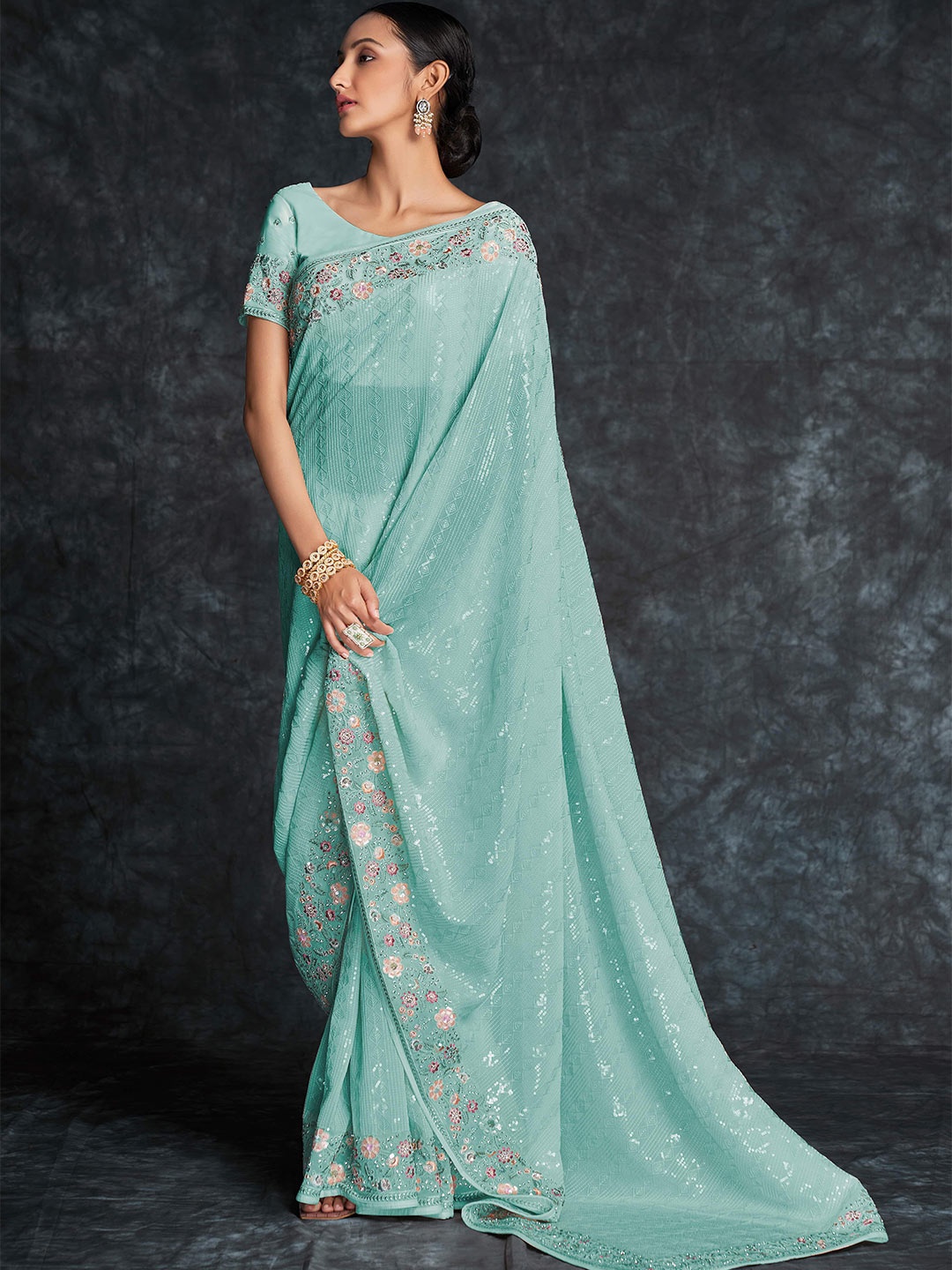 

Fusionic Embellished Sequinned Pure Georgette Saree, Blue