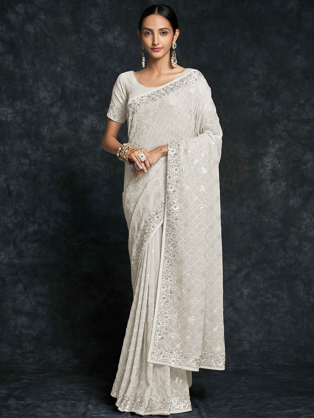 

Fusionic Embellished Sequinned Pure Georgette Saree, White