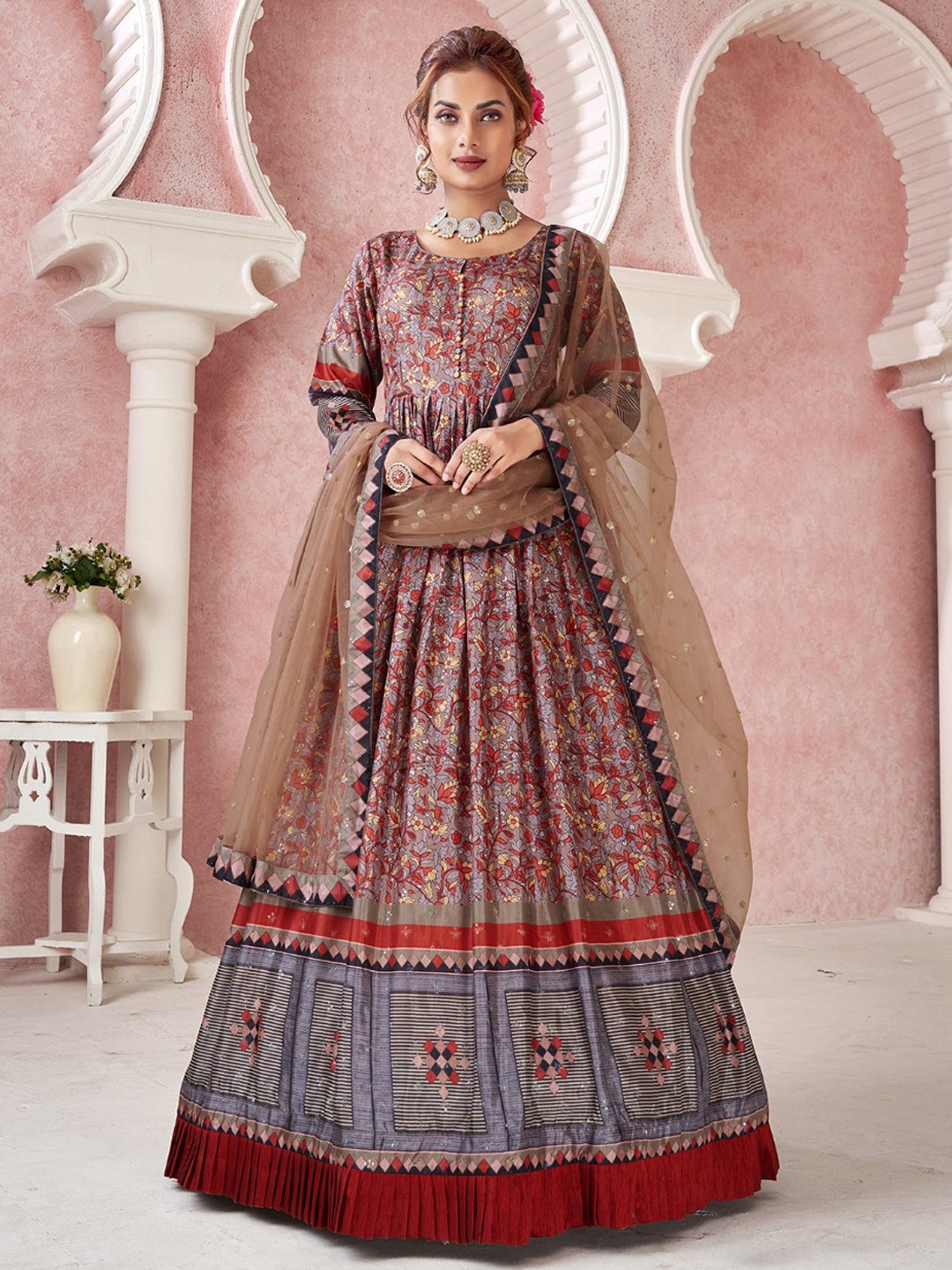 

Angroop Floral Printed Silk Maxi Ethnic Dress With Dupatta, Red