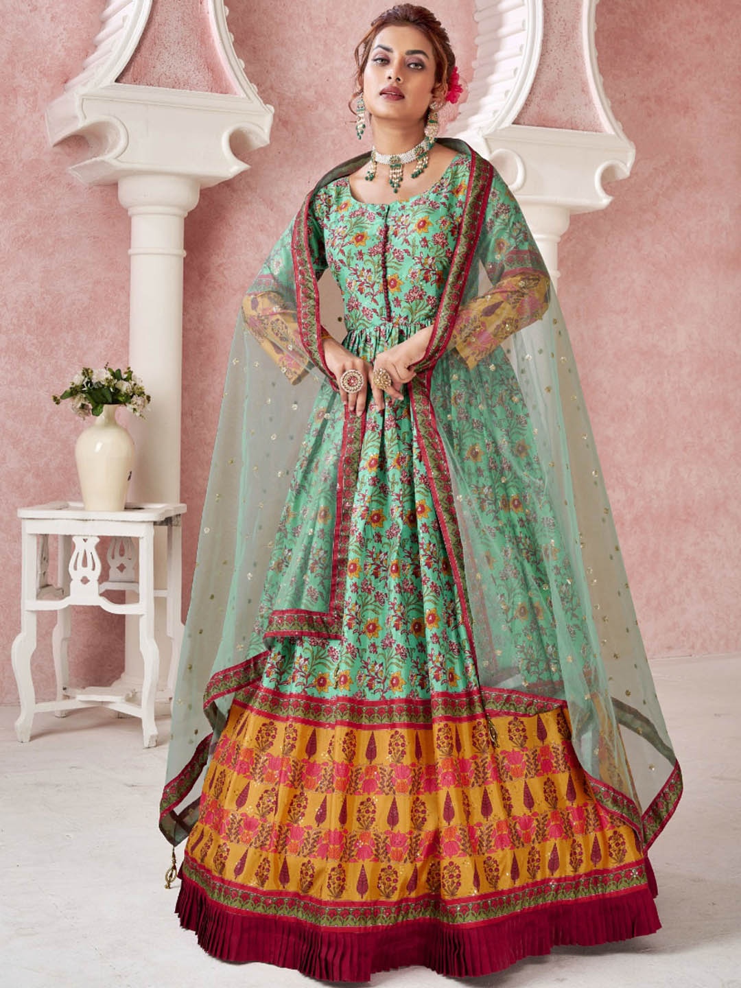 

Angroop Floral Printed Silk Maxi Ethnic Dress With Dupatta, Green
