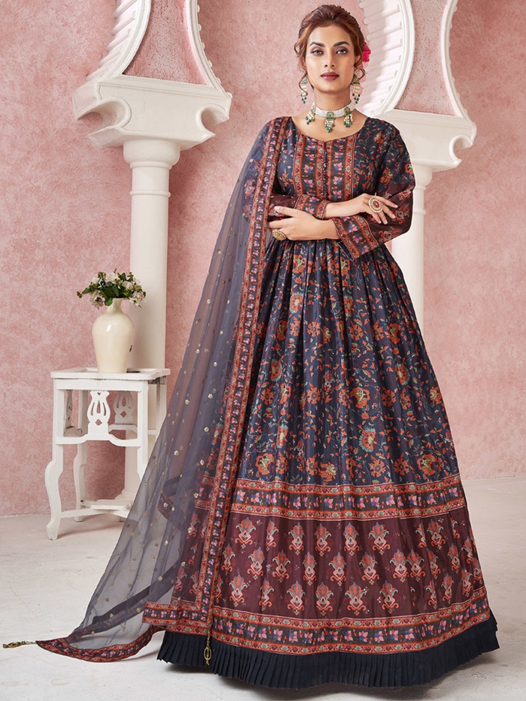 

Angroop Floral Printed Silk Maxi Ethnic Dress With Dupatta, Navy blue