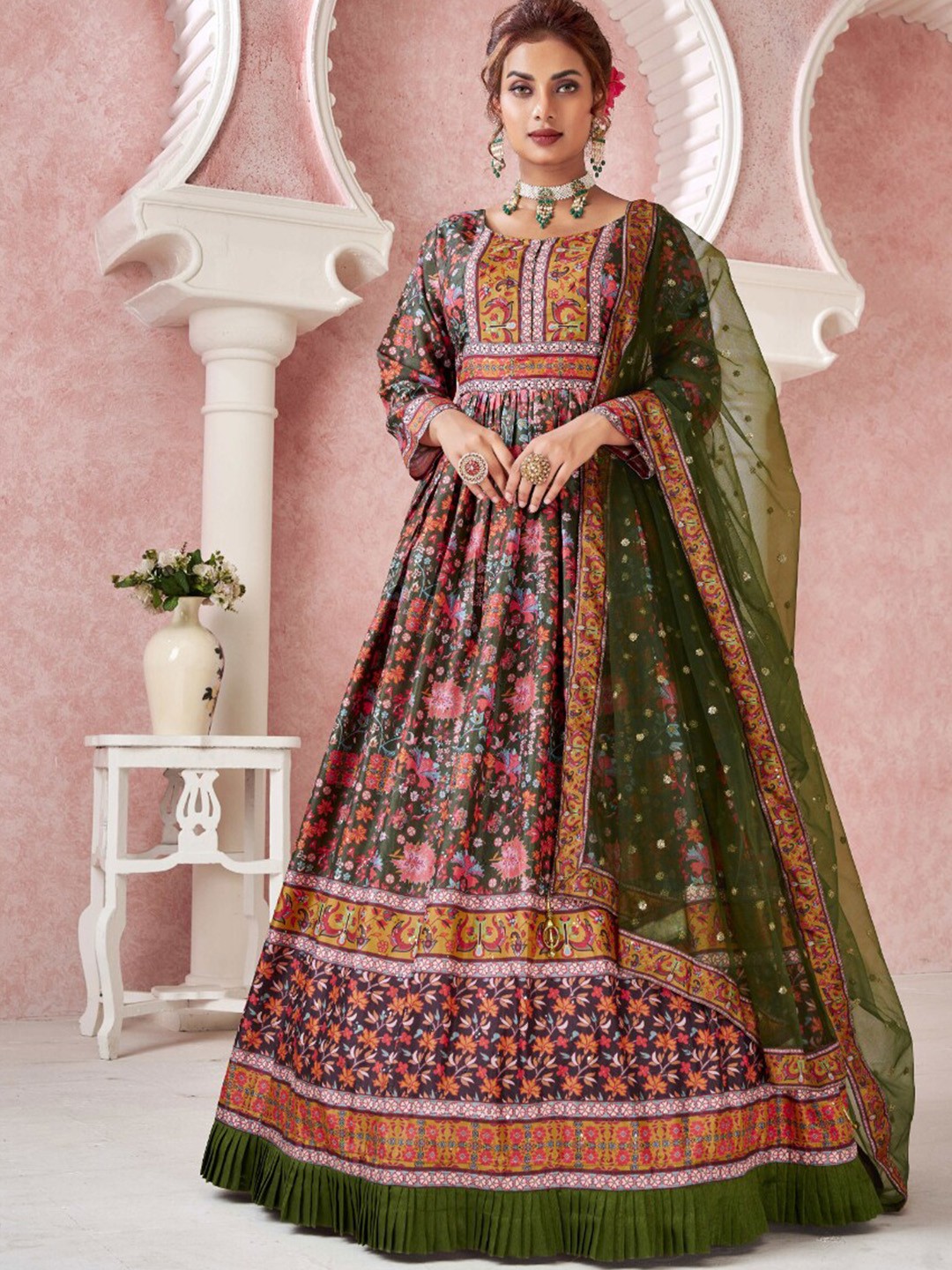 

Angroop Floral Printed Silk Maxi Ethnic Dress With Dupatta, Green