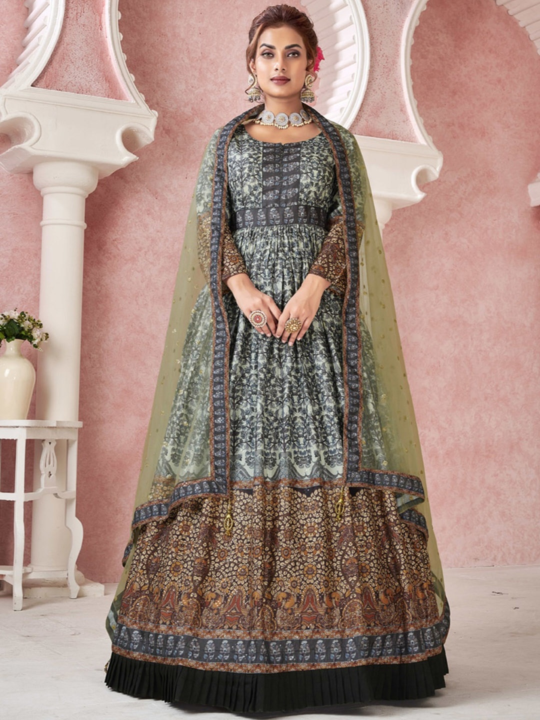 

Angroop Floral Printed Silk Maxi Ethnic Dress With Dupatta, Grey