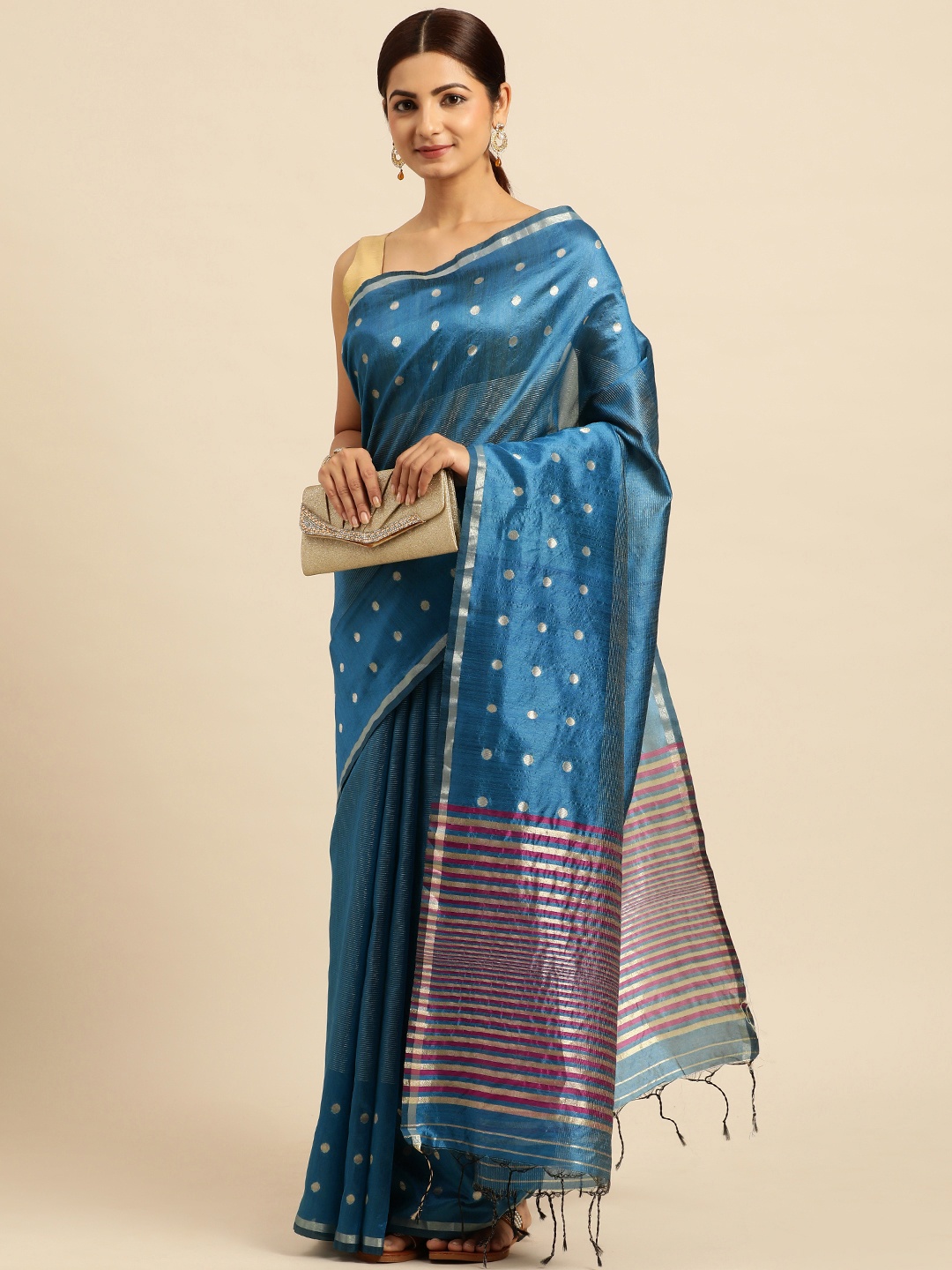 

VISHNU WEAVES Polka Dot Zari Bhagalpuri Saree, Turquoise blue