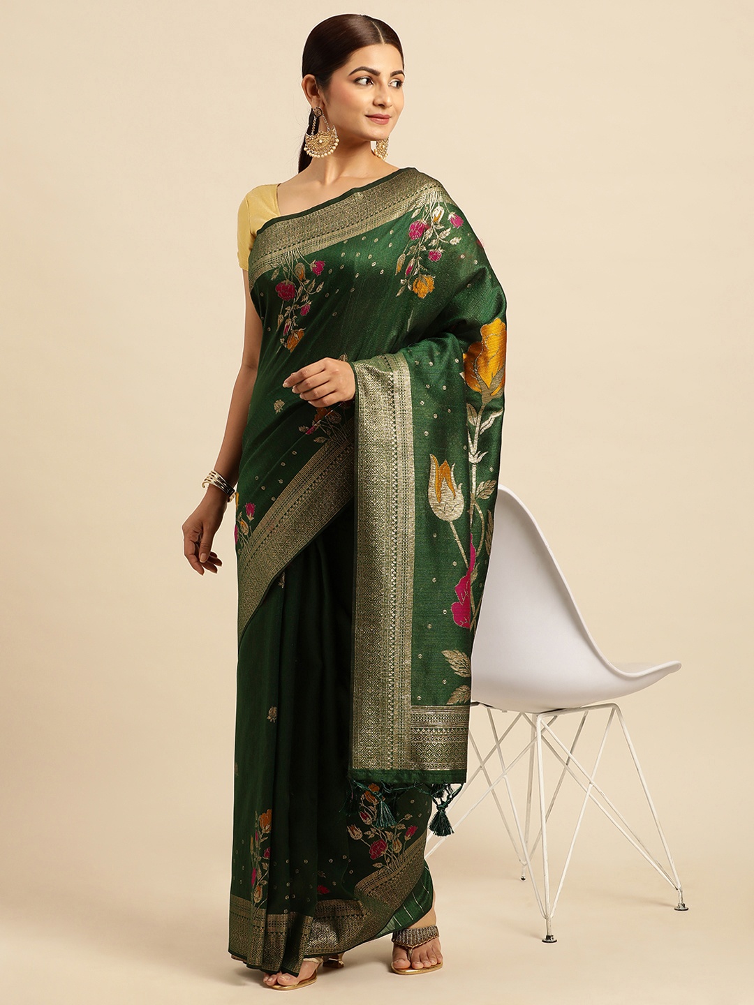 

VISHNU WEAVES Floral Zari Designer Banarasi Saree, Green