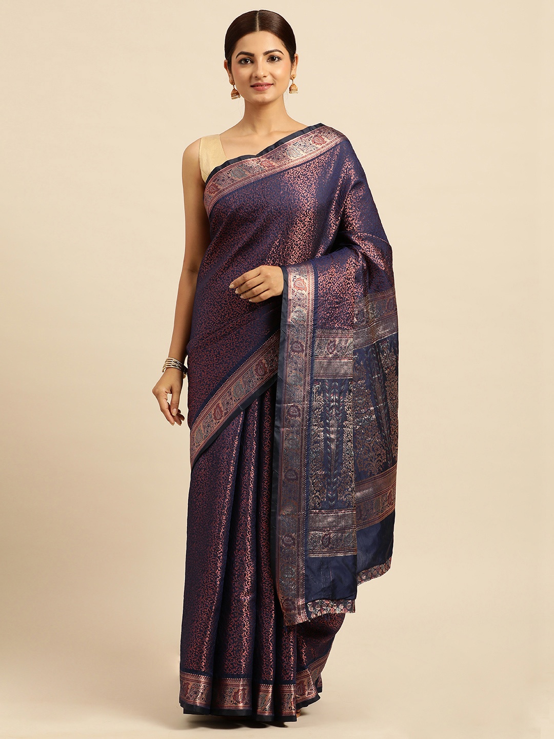 

VISHNU WEAVES Ethnic Motifs Zari Kanjeevaram Saree, Blue