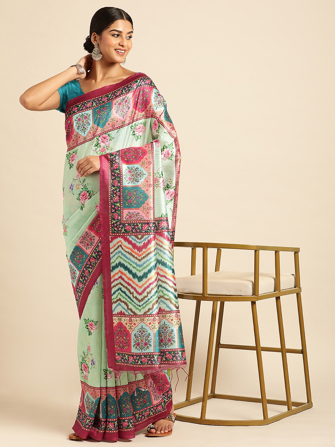 

VISHNU WEAVES Floral Phulkari Bomkai Silk Cotton Saree, Green