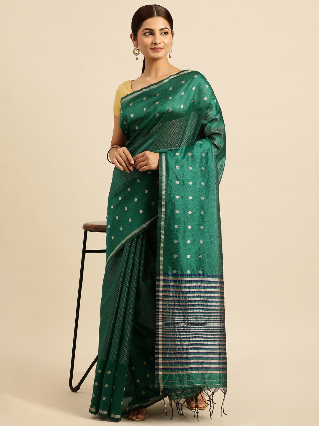 

VISHNU WEAVES Polka Dots Zari Bhagalpuri Saree, Green