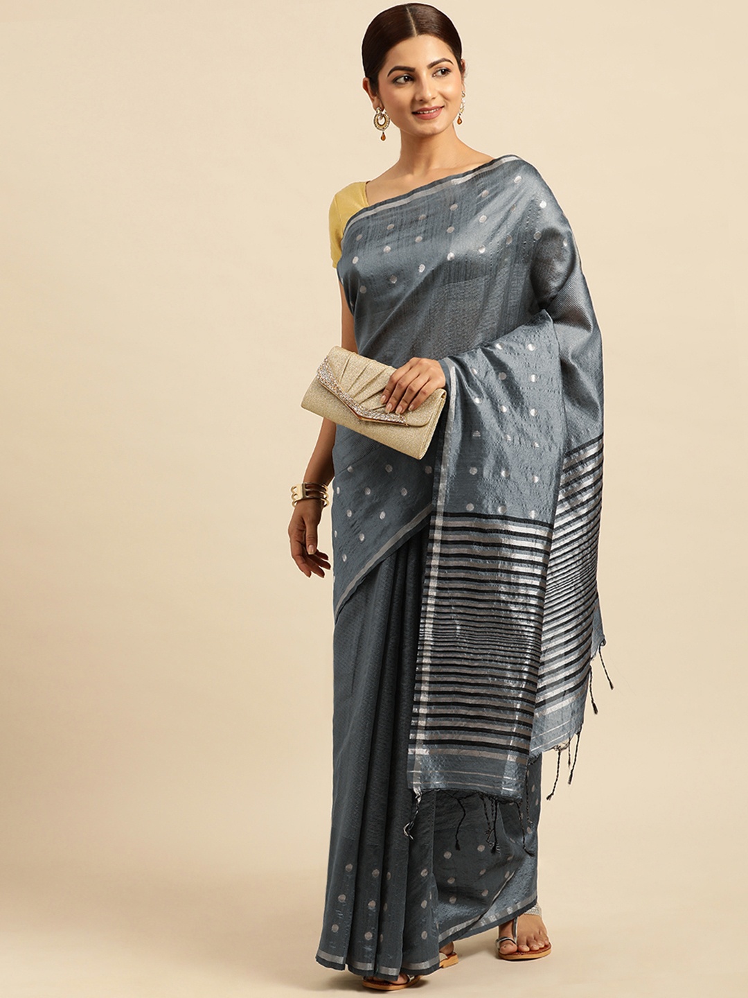 

VISHNU WEAVES Polka Dots Zari Bhagalpuri Saree, Grey