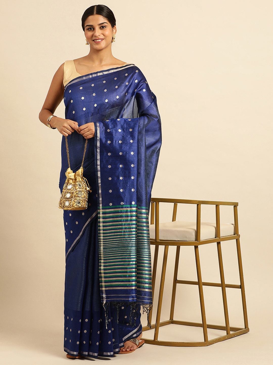 

VISHNU WEAVES Polka Dot Zari Bhagalpuri Saree, Blue