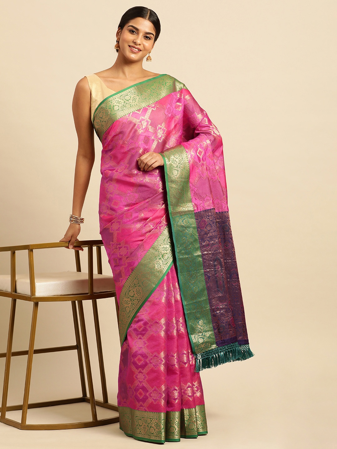 

VISHNU WEAVES Ethnic Motifs Zari Silk Cotton Banarasi Saree, Pink