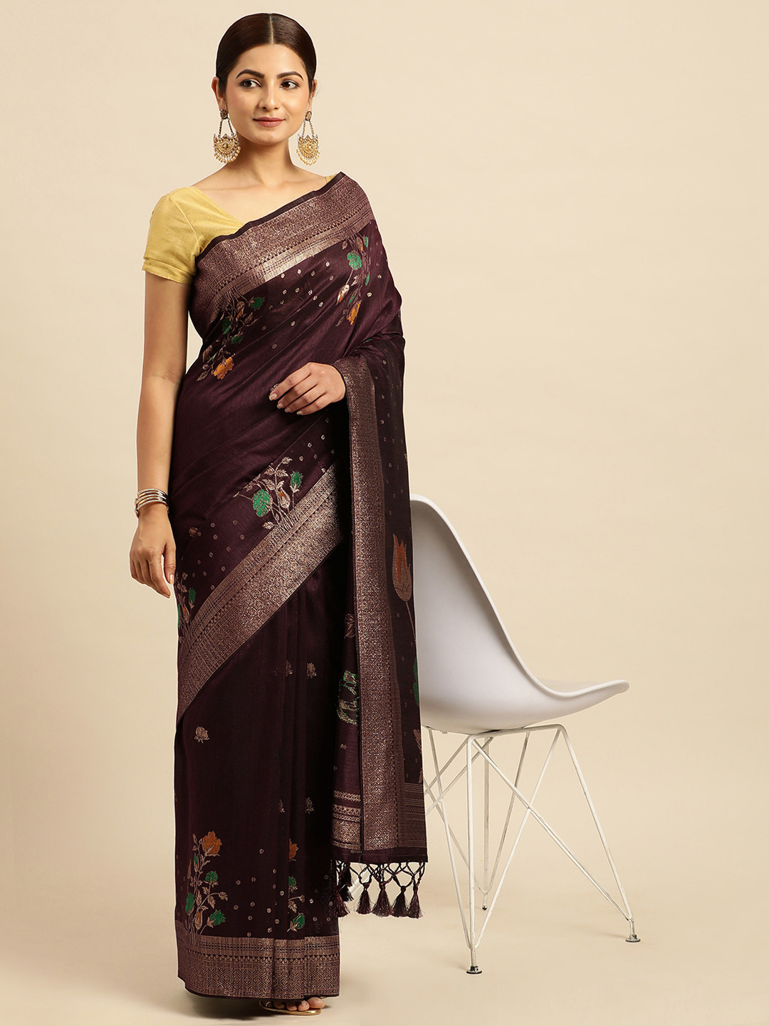 

VISHNU WEAVES Floral Zari Banarasi Saree, Brown
