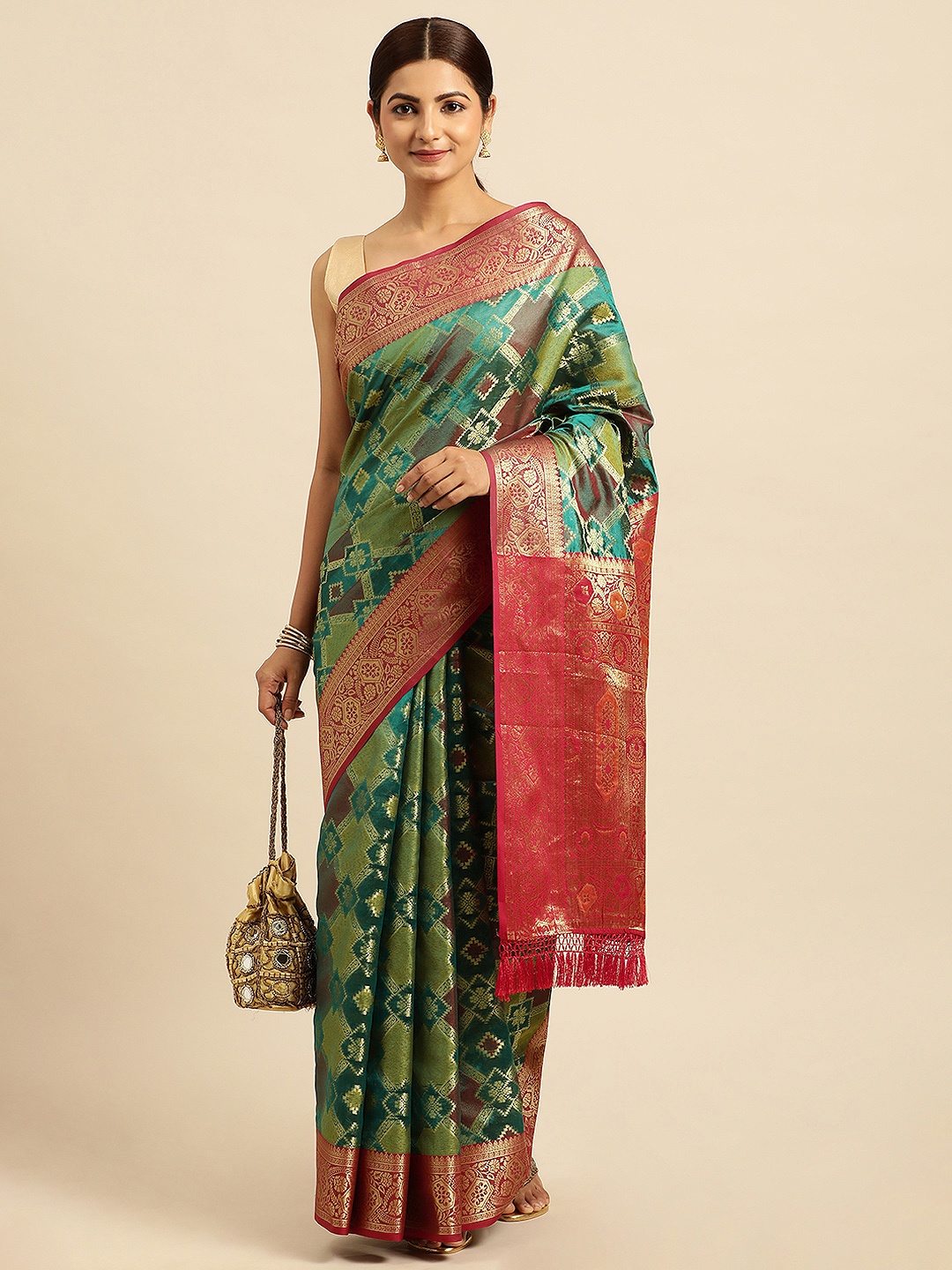 

VISHNU WEAVES Ethnic Motifs Zari Banarasi Saree, Teal