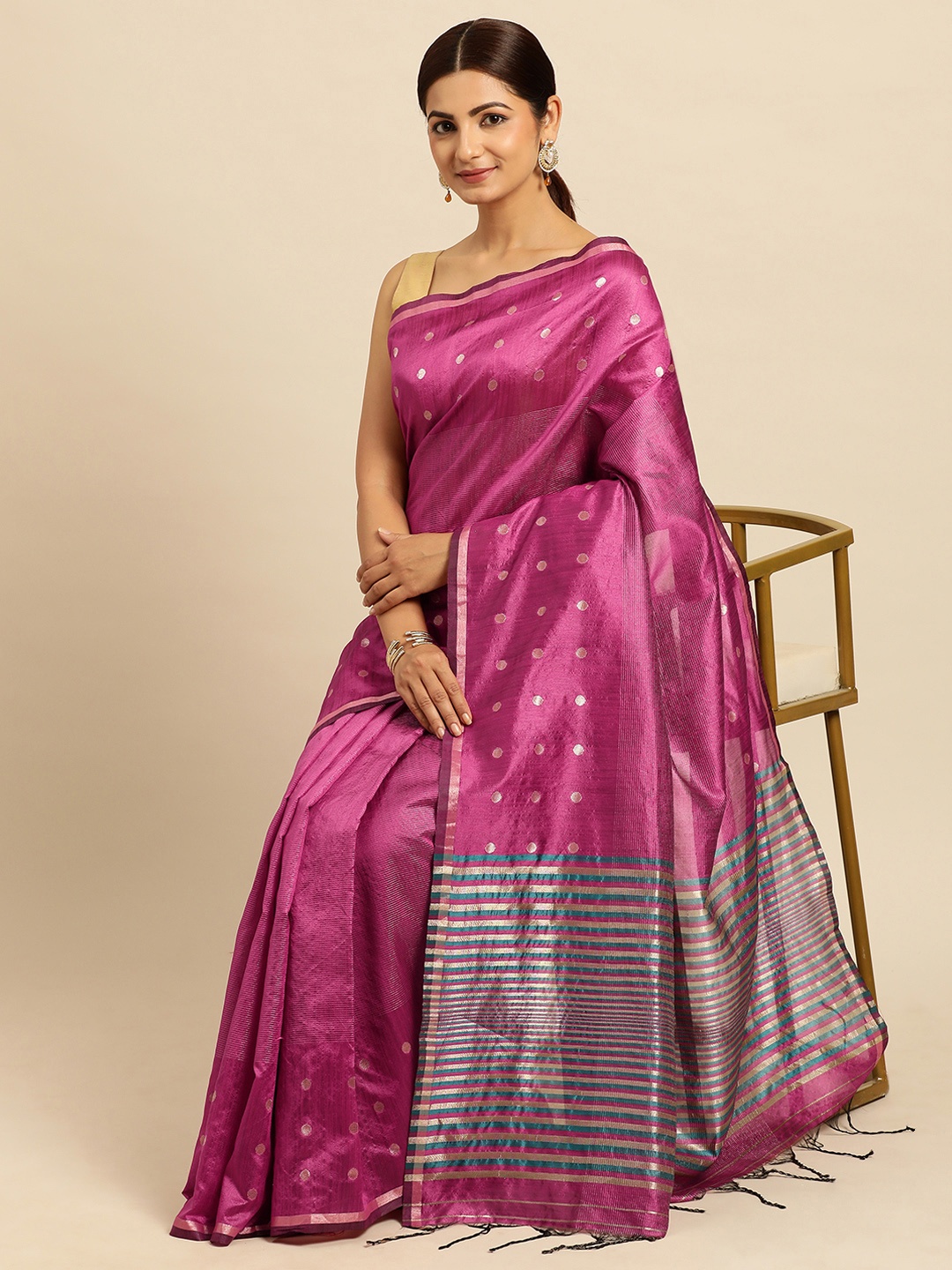 

VISHNU WEAVES Polka Dots Zari Bhagalpuri Saree, Pink