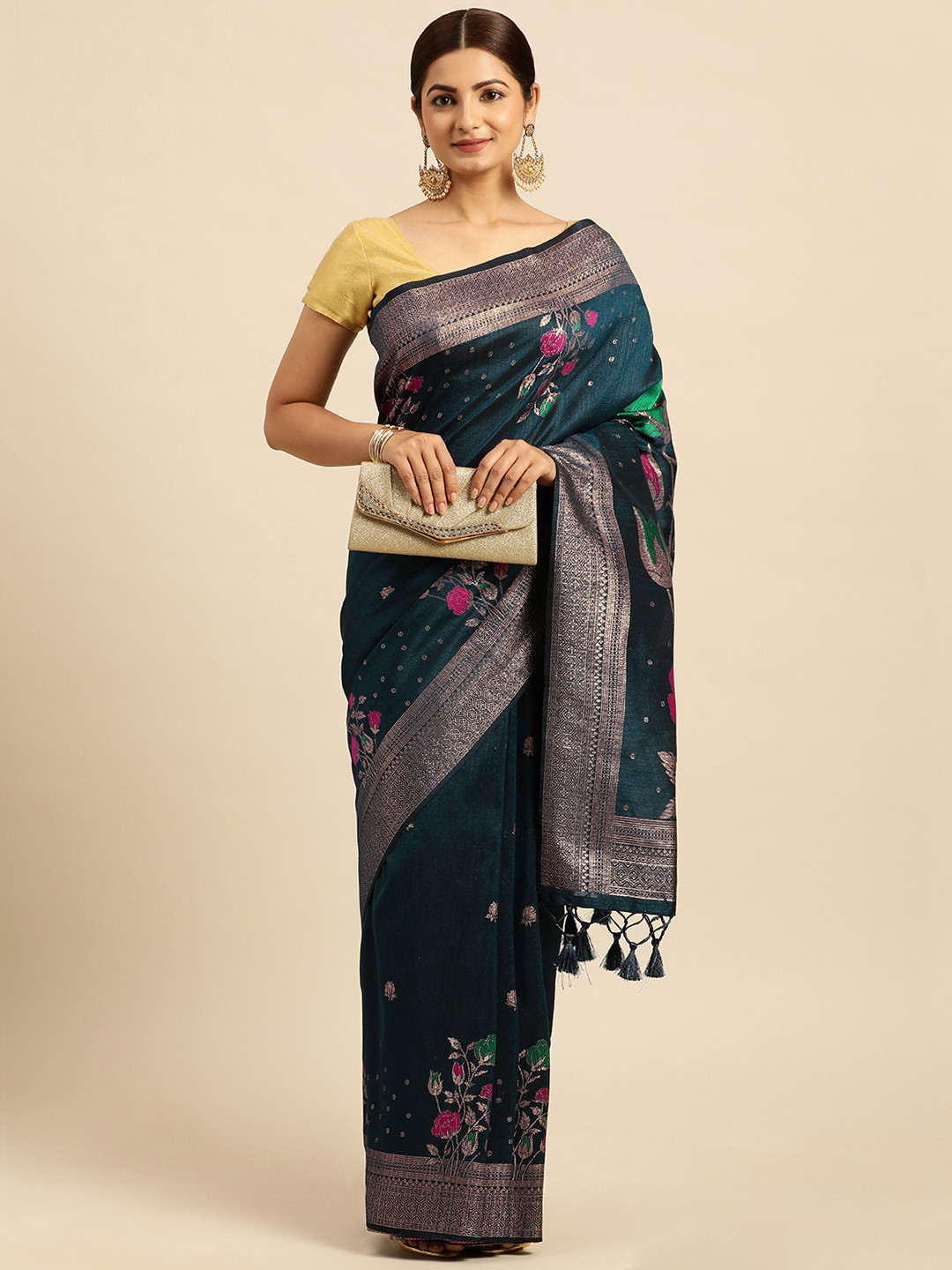 

VISHNU WEAVES Floral Zari Banarasi Saree, Blue