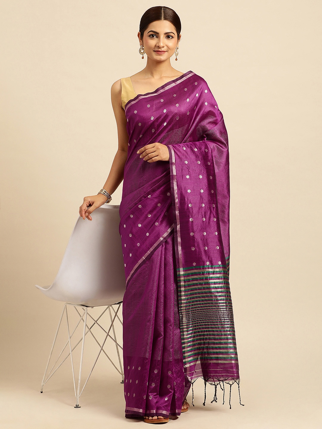 

VISHNU WEAVES Polka Dots Zari Bhagalpuri Saree, Mauve