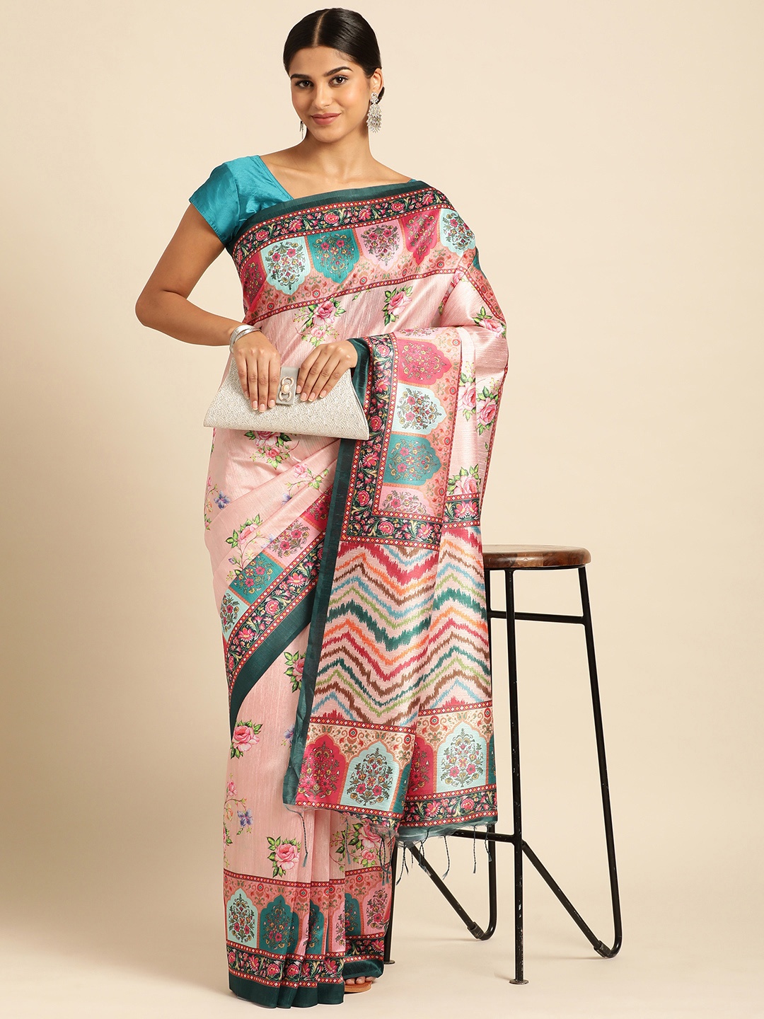 

VISHNU WEAVES Floral Phulkari Silk Cotton Bomkai Saree, Pink