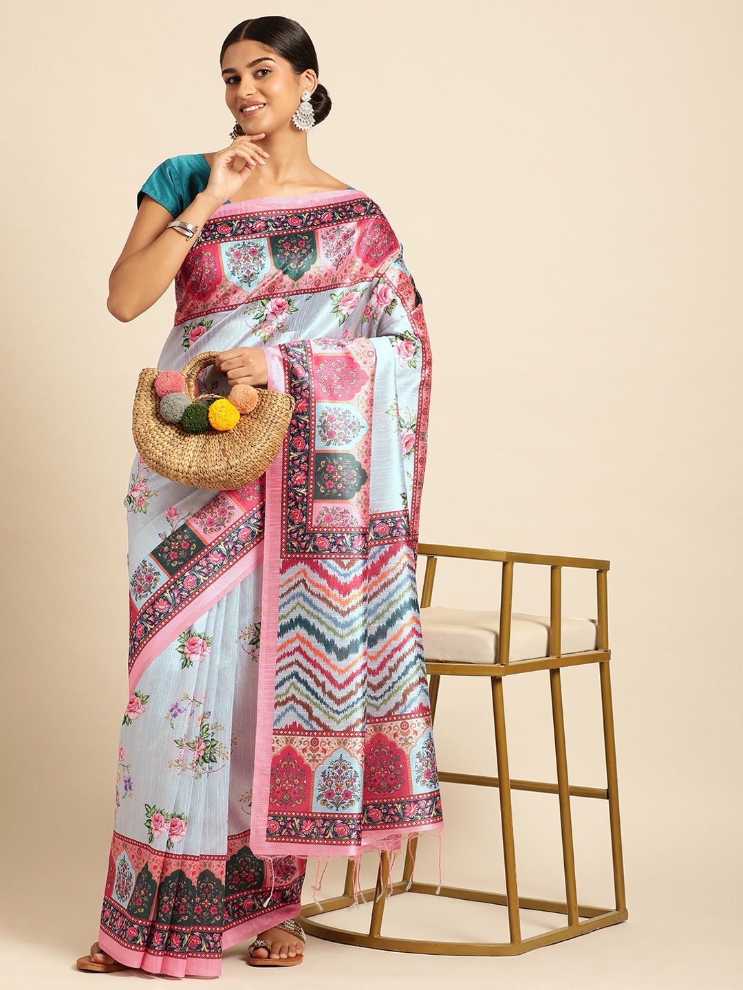 

VISHNU WEAVES Floral Phulkari Silk Cotton Bomkai Saree, Grey