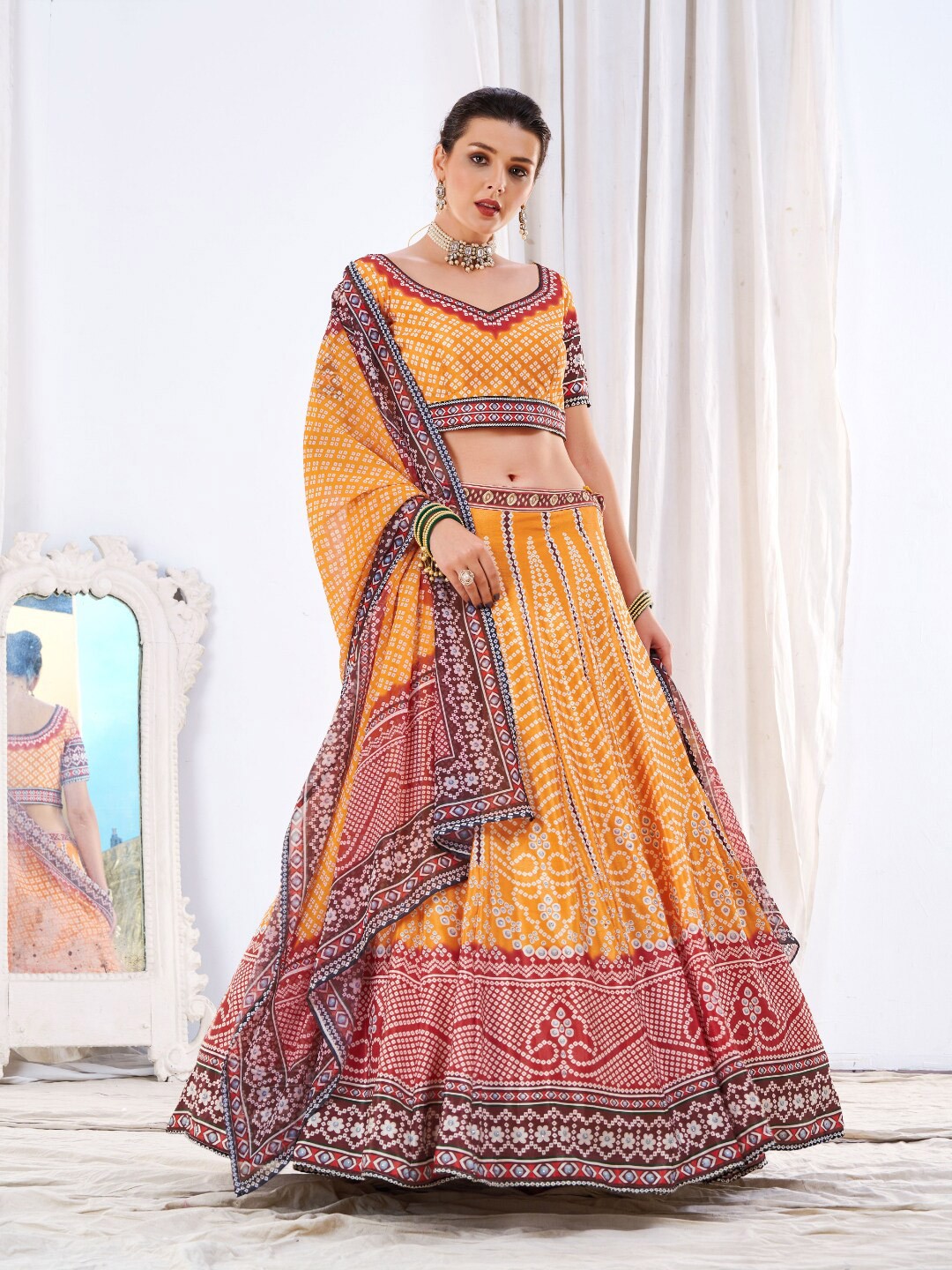 

Angroop Printed Semi-Stitched Lehenga & Unstitched Blouse With Dupatta, Yellow