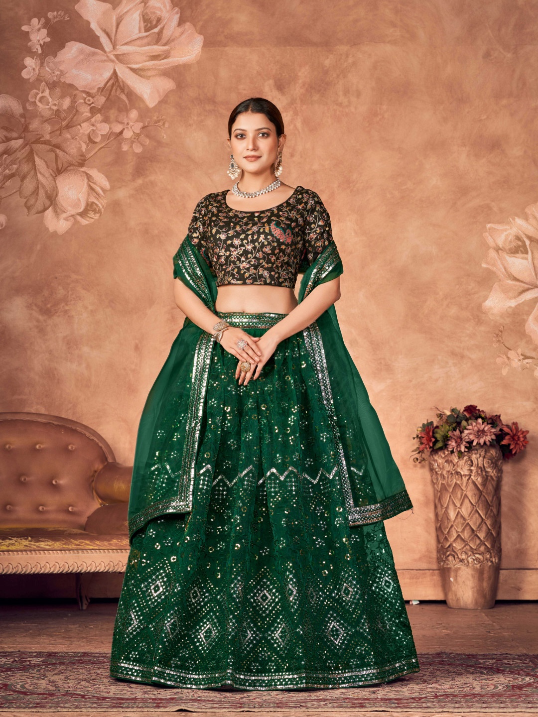 

Angroop Embellished Sequinned Semi-Stitched Lehenga & Unstitched Blouse With Dupatta, Green