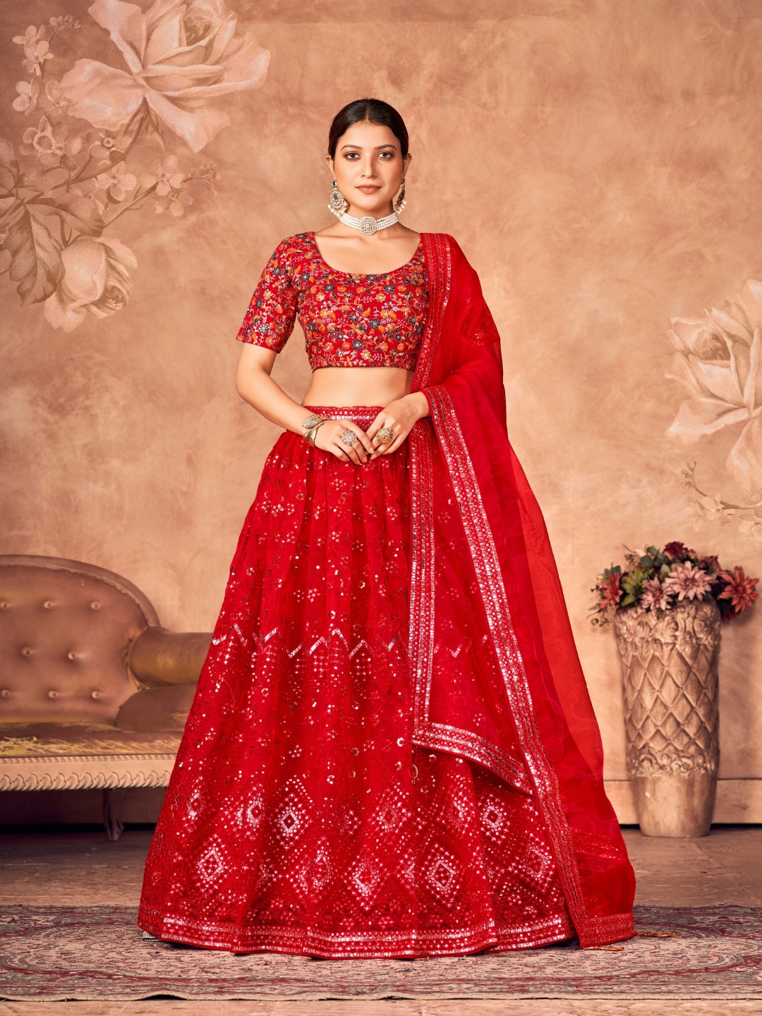 

Angroop Embroidered Thread Work Semi-Stitched Lehenga & Unstitched Blouse With Dupatta, Red