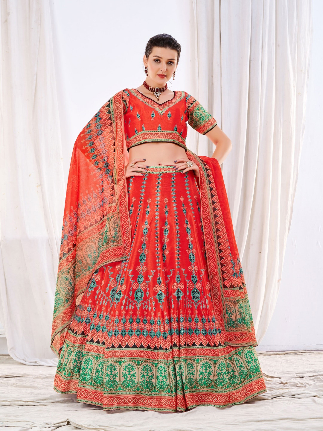 

Angroop Printed Semi-Stitched Lehenga & Unstitched Blouse With Dupatta, Red