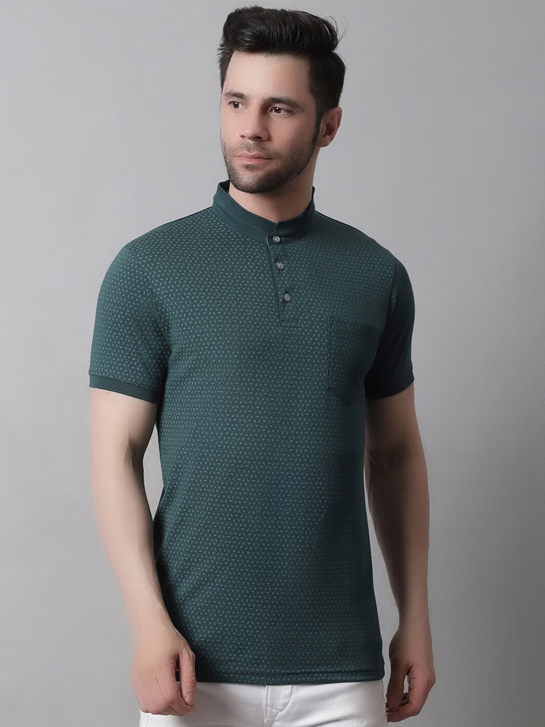 

VENITIAN Micro Or Disty Printed Mandarin Collar Short Sleeves Cotton T-shirt, Green