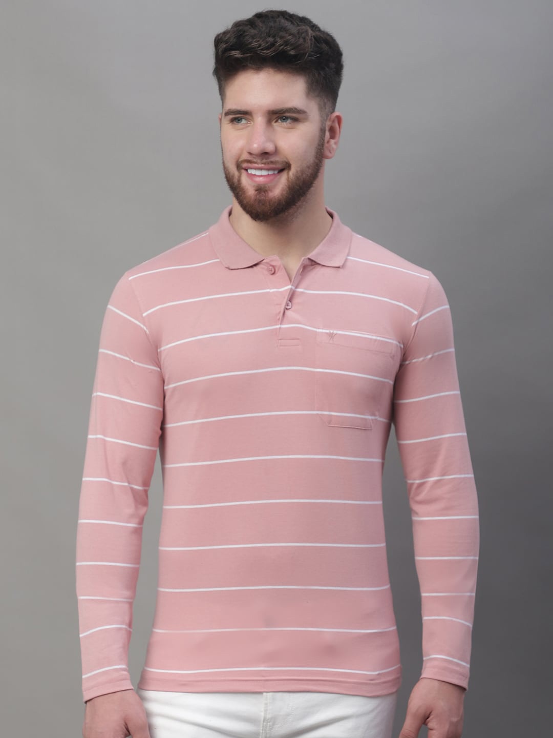 

VENITIAN Horizontal Striped Polo Collar Cotton T-shirt, Rose
