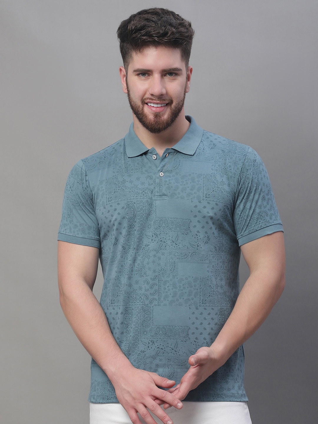 

VENITIAN Ethnic Printed Polo Collar Short Sleeves Cotton T-shirt, Turquoise blue