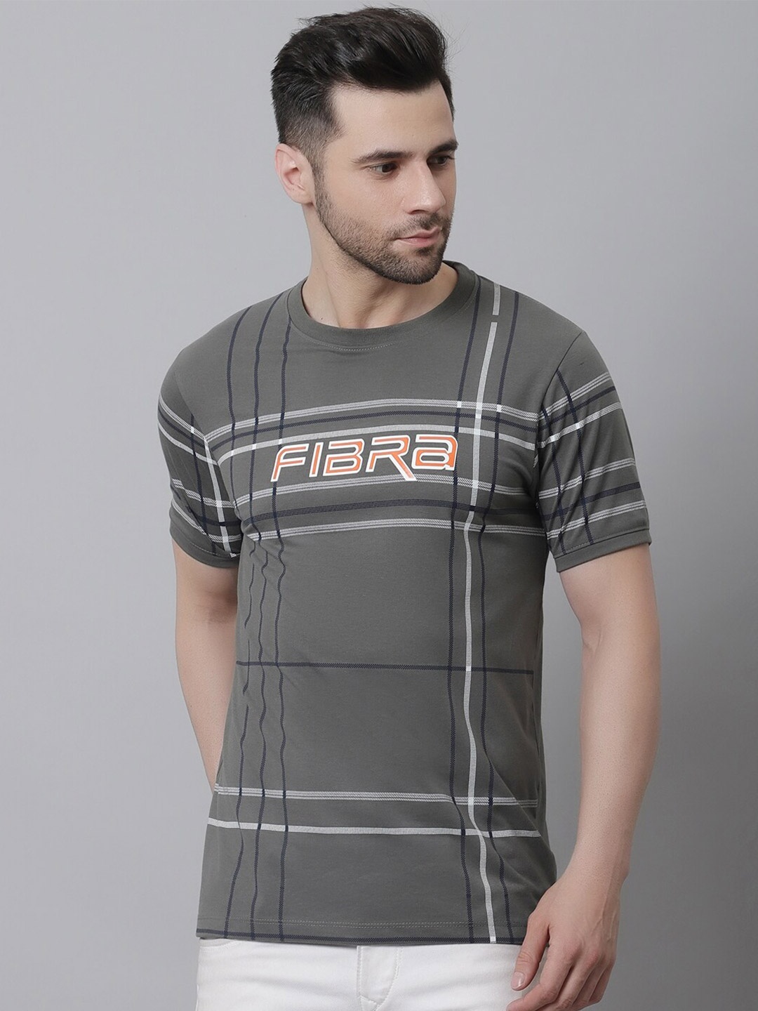 

VENITIAN Striped Round Neck Cotton T-shirt, Grey