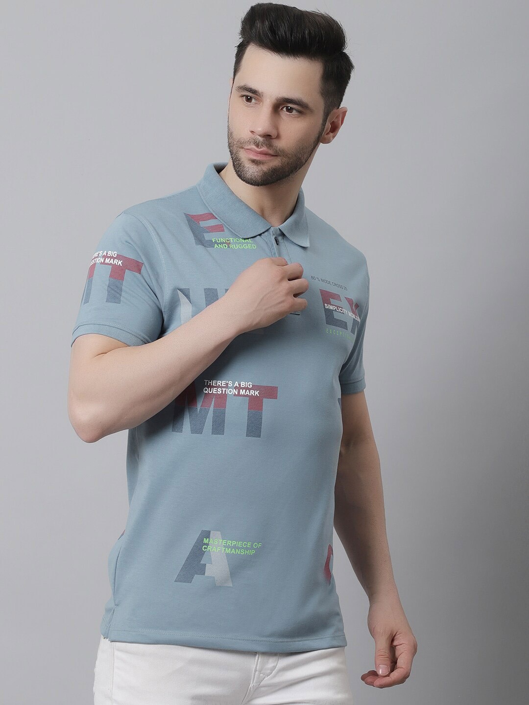 

VENITIAN Typography Printed Polo Collar Cotton Casual T-Shirt, Grey