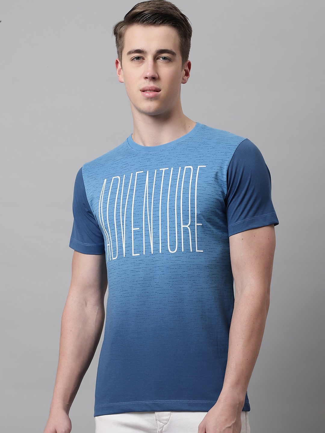 

VENITIAN Typography Printed Round Neck Cotton T-shirt, Blue