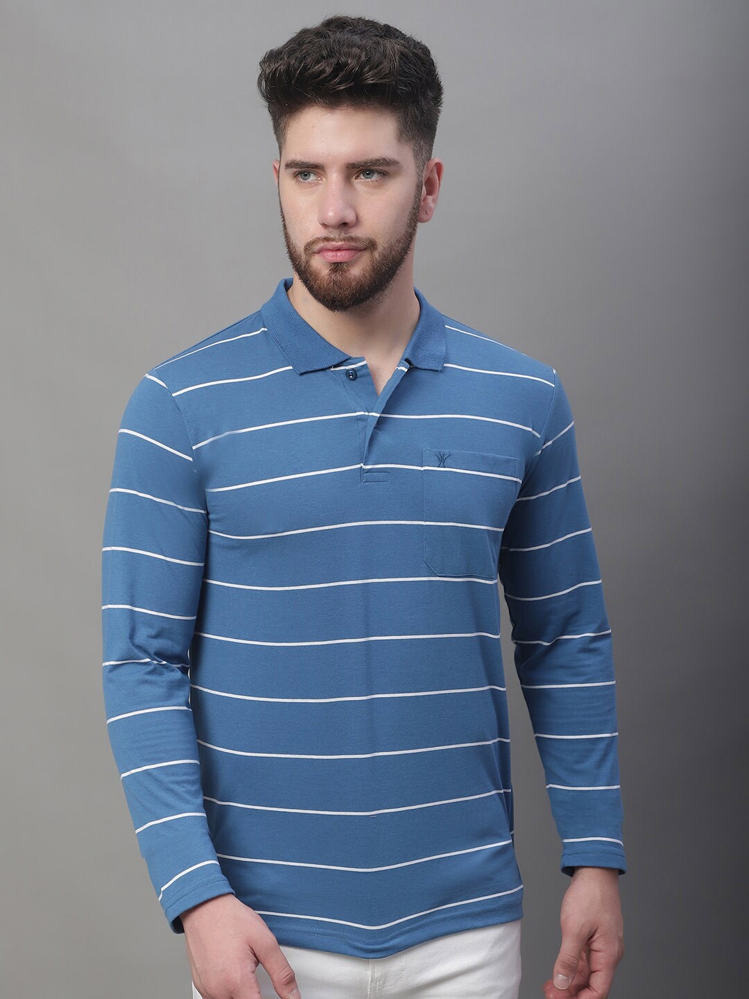 

VENITIAN Striped Polo Collar Cotton Casual T-Shirt, Blue