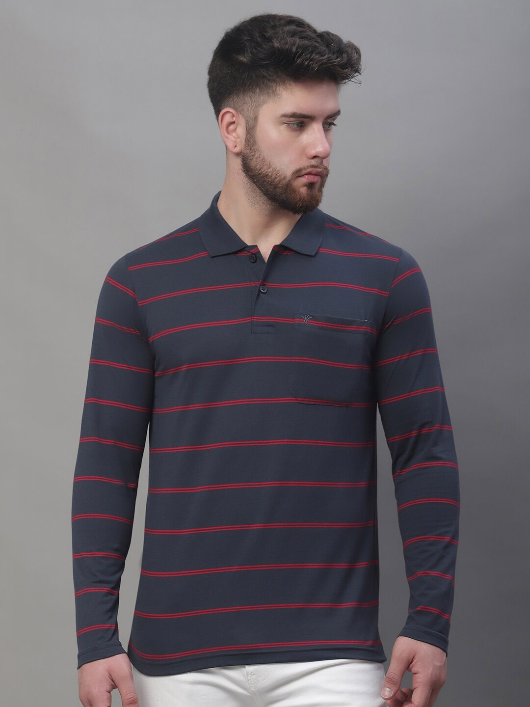 

VENITIAN Horizontal Striped Polo Collar Cotton T-Shirt, Navy blue