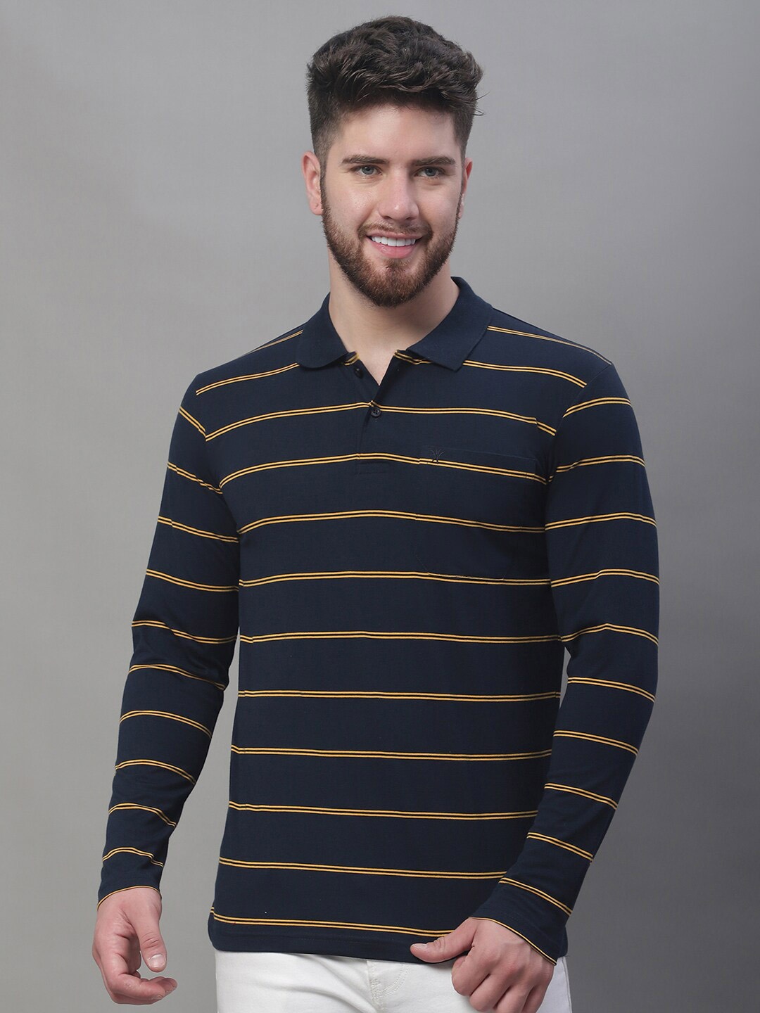 

VENITIAN Striped Polo Collar Long Sleeves Cotton T-shirt, Navy blue