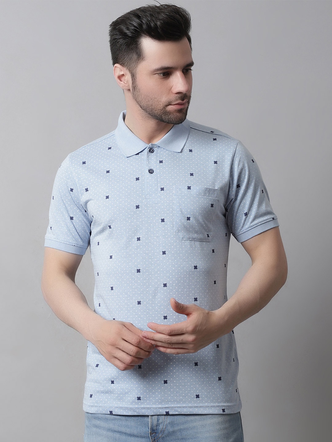 

VENITIAN Conversational Printed Polo Collar Cotton T-Shirt, Blue