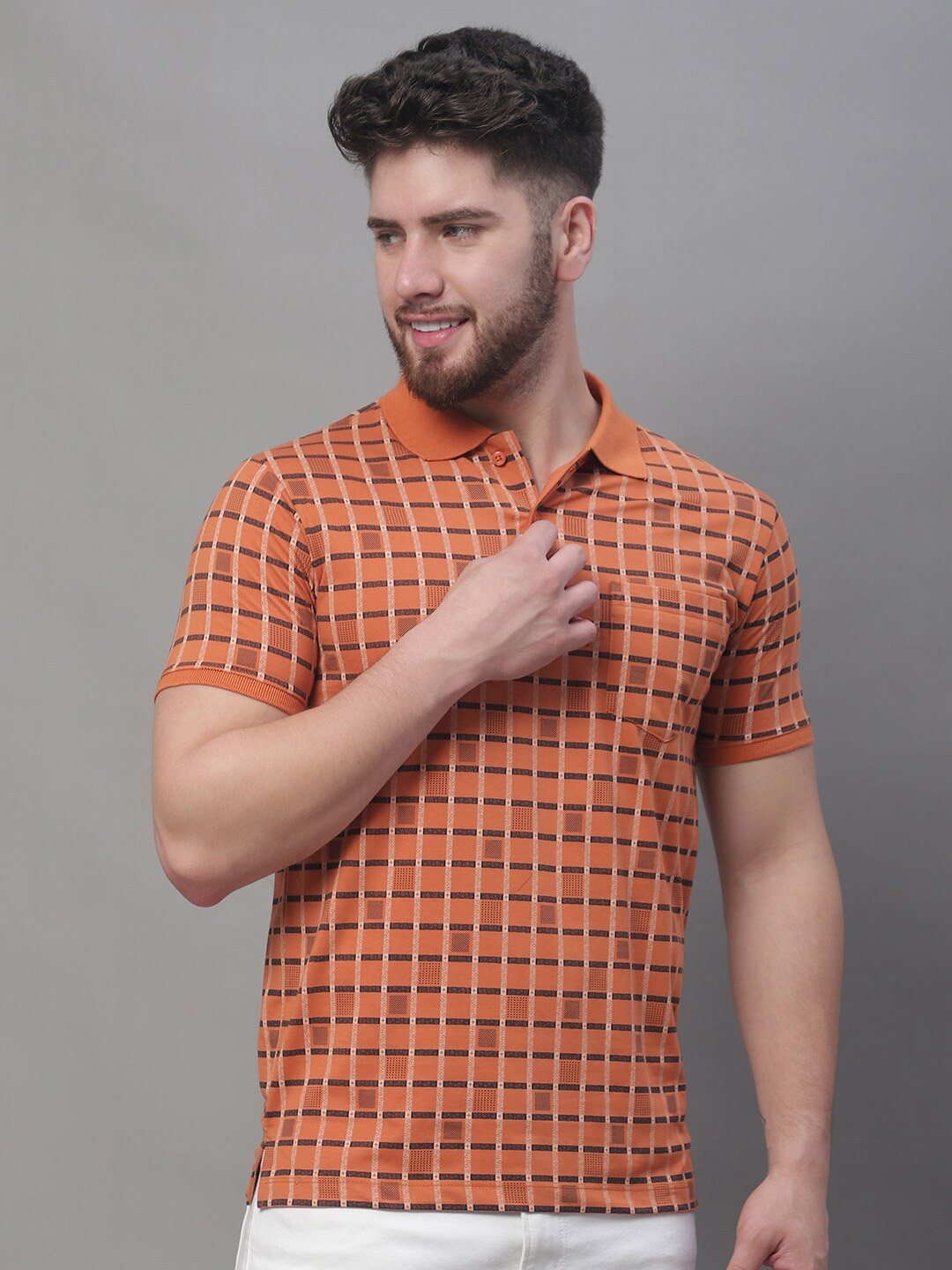 

VENITIAN Checked Polo Collar Cotton Casual T-Shirt, Orange