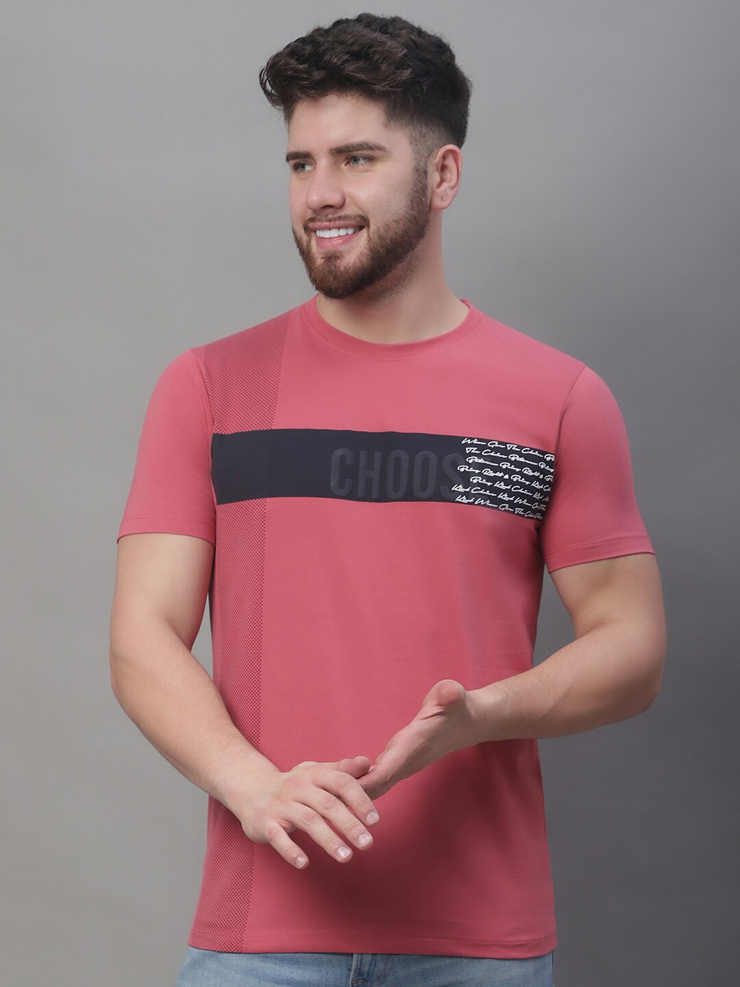 

VENITIAN Colourblocked Cotton Casual T-Shirt, Pink