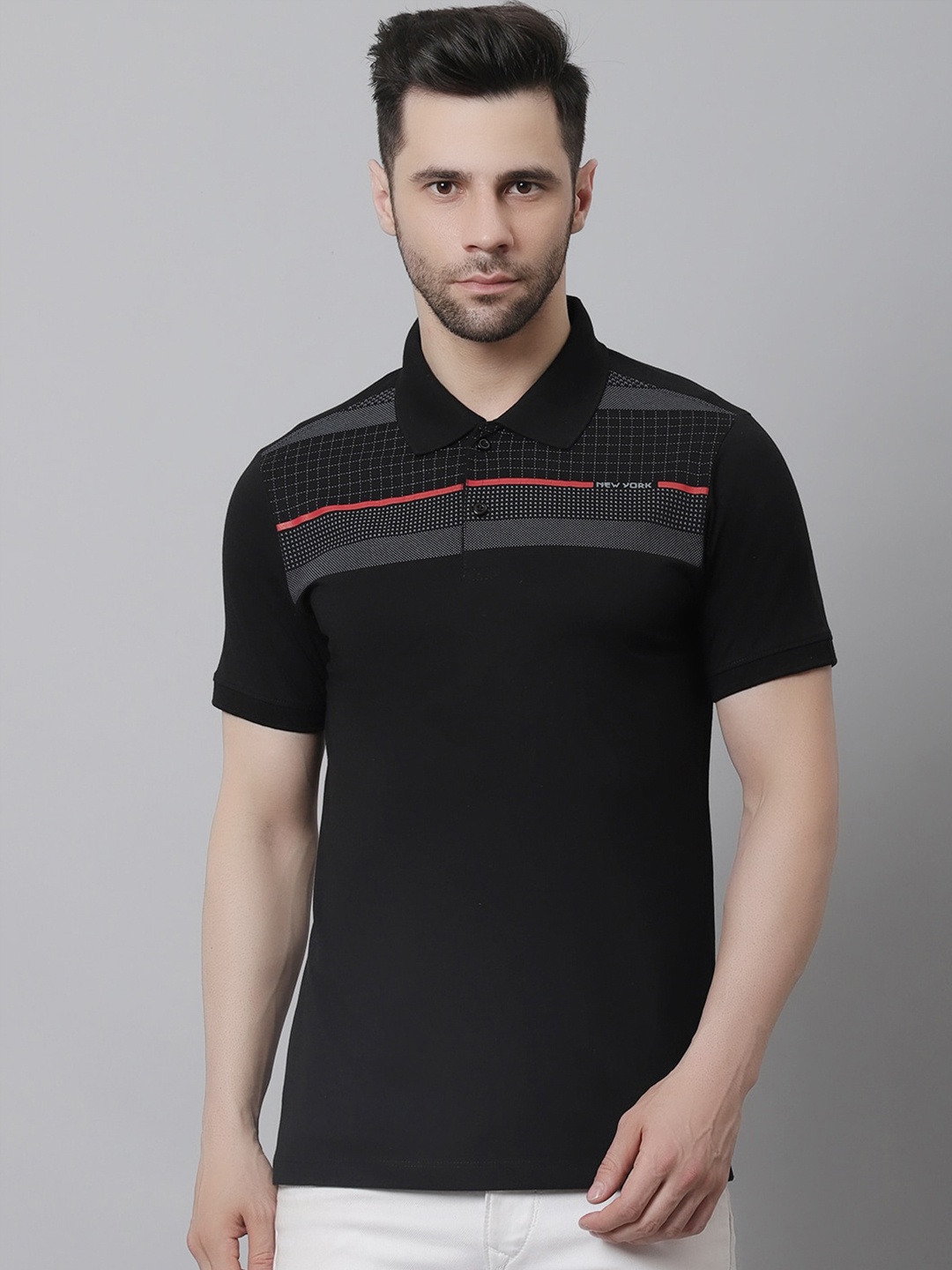 

VENITIAN Geometric Printed Polo Collar Cotton T-shirt, Black