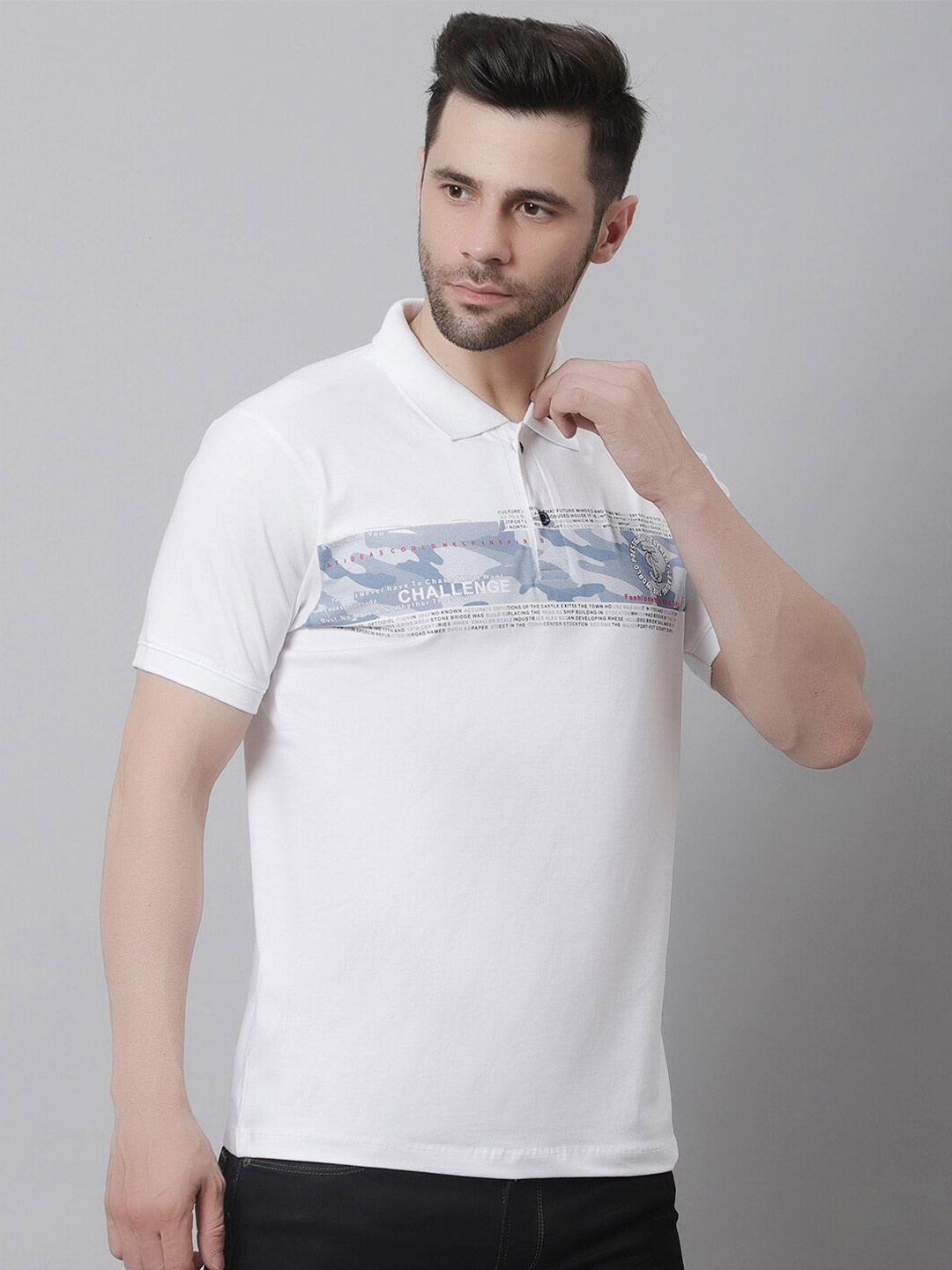 

VENITIAN Typography Printed Polo Collar Cotton Casual T-Shirt, White
