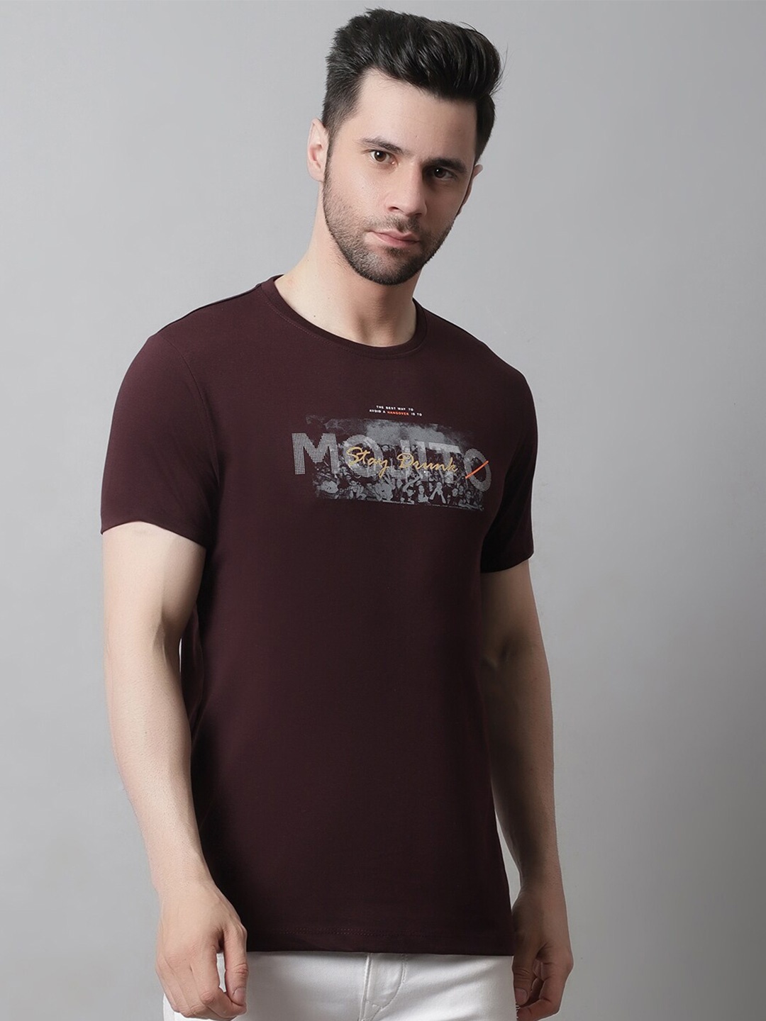 

VENITIAN Typography Printed Round Neck Short Sleeves Cotton T-shirt, Brown