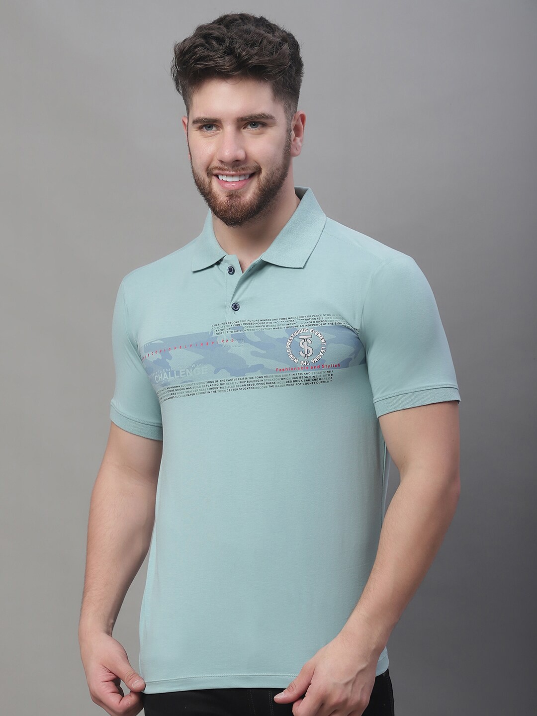

VENITIAN Typography Printed Polo Collar Cotton T-shirt, Blue