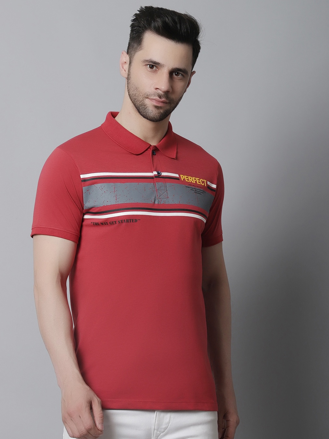 

VENITIAN Colourblocked Polo Collar Cotton Casual T-Shirt, Red