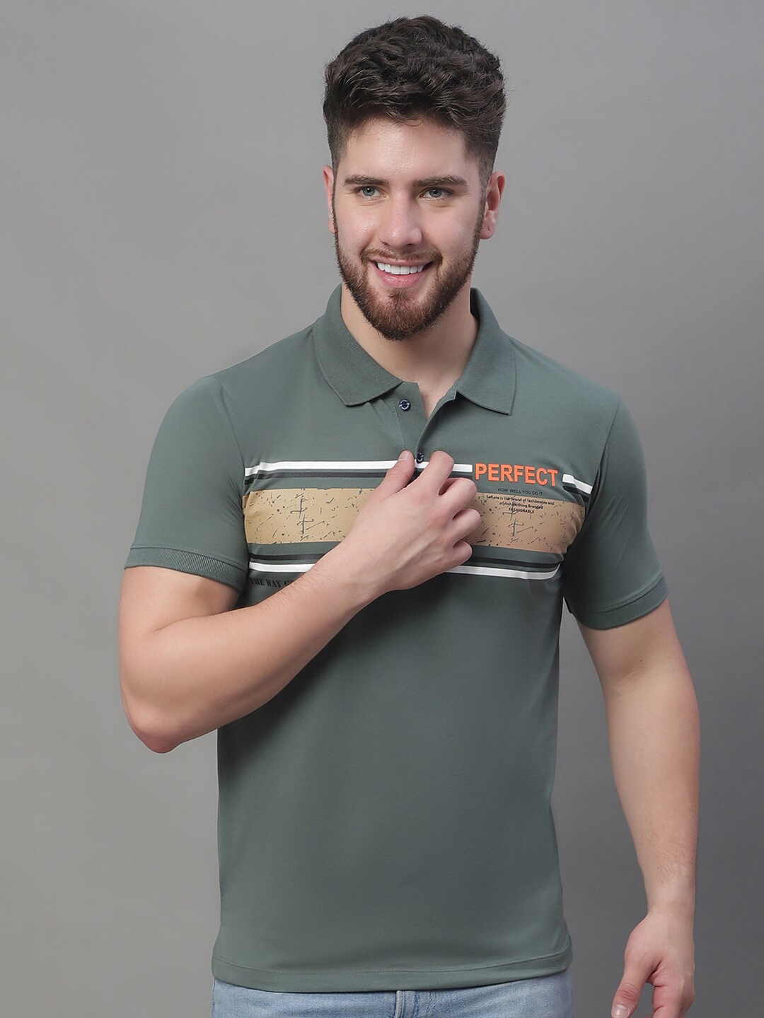 

VENITIAN Colourblocked Polo Collar Cotton Casual T-Shirt, Green